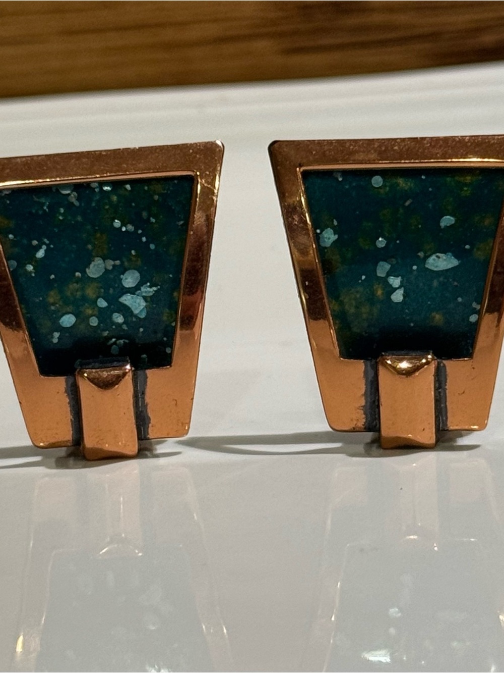 Vintage Matisse Copper Teal-Blue Enameled Paddle Earrings